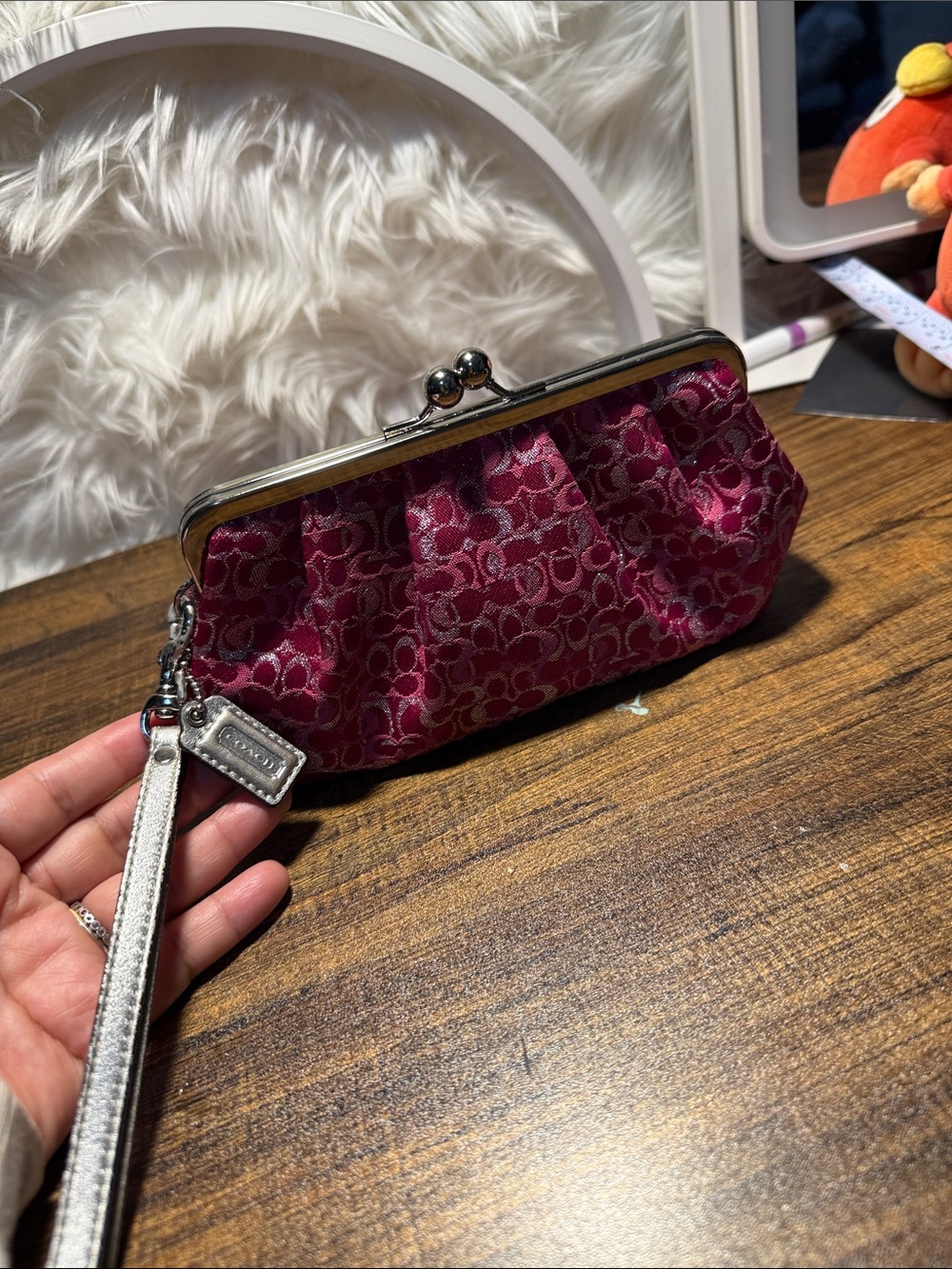 Coach Pink Signature Frame Wristlet with Silver Strap